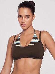 Sodalemon Women's 2 In 1 Striped Colorblock Yoga Sports Bra, Halter Neck Double Strap Padded Backless Gym Pilates Workout Top - Brown - View 4