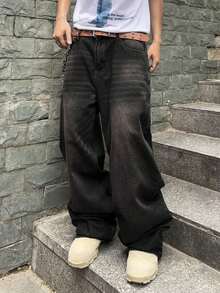 Impala Jeans Baggy para Hombre, Pantalón de Mezclilla de Ajuste Holgado, Diseño Desgastado Vintage, Pierna Ancha, Estilo Y2K Calle, Casual para Uso Diario, Moda Urbana Juvenil - Negro - Ver 2