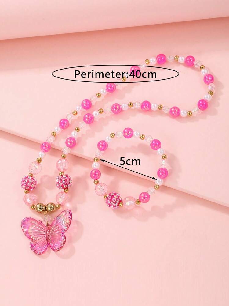2Pcs/Set Girls Iridescent Transparent Butterfly Pendant Beaded Necklace & Elastic Bracelet Set Princess Dress‑Up Jewelry Gift For Kids Girls - Rose Red - View 5