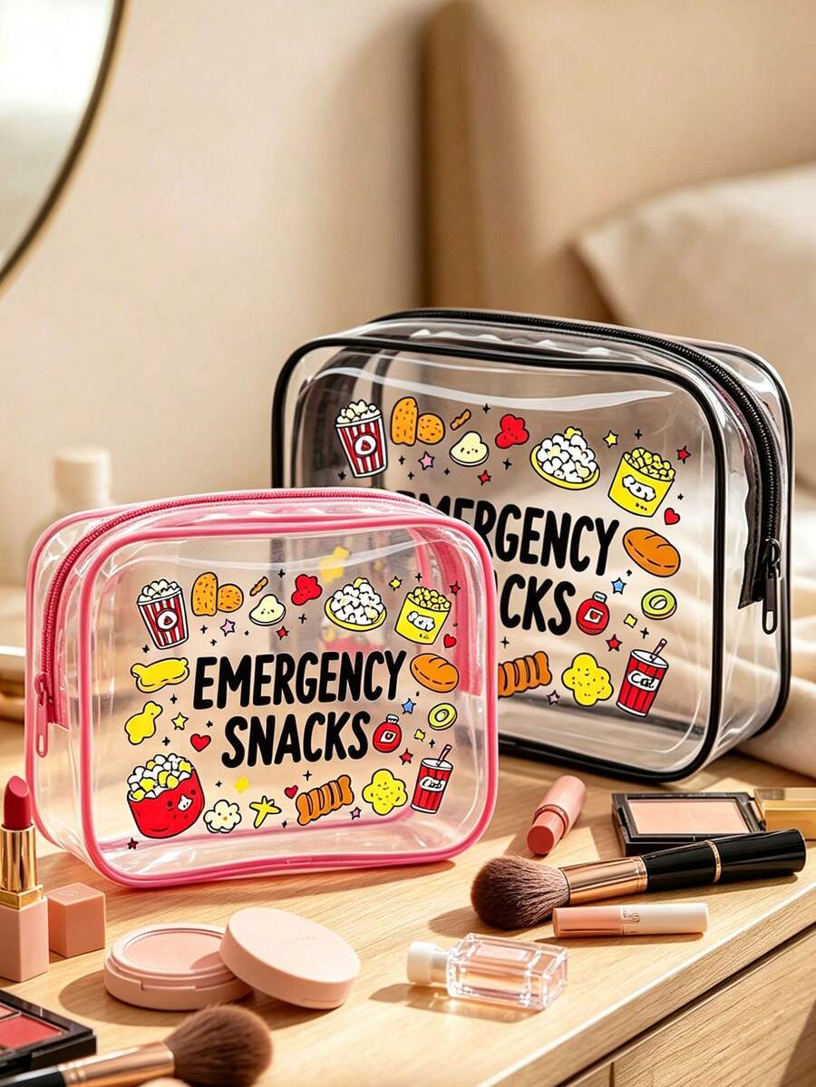 「Emergency Snacks」字母印花 PVC 化妝收納袋,中性旅行化妝與盥洗用品收納包,便攜式收納小包 - 彩色 - 查看 1