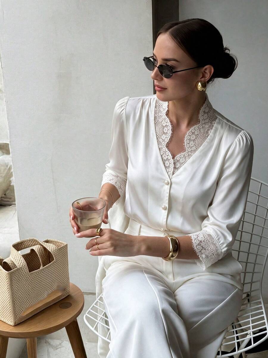 Elegant Lace Patchwork Deep V-Neck Front Button Design 3/4 Puff Sleeve Women's Blouse, Autumn/Winter New Versatile Daily Wear White - White - View 1