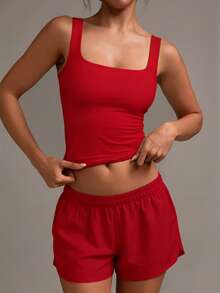 XLLAIS Women's Solid Color Square Neck Sleeveless Tank Top, Fitted Casual Wear, Red Color, Suitable For Christmas, New Year, Valentine's Day Summer - View 1