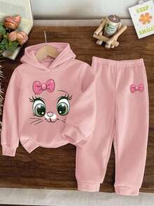 Young Girls Cartoon Print Hooded Warm Sweatshirt And Pants Set - Pink - View 1