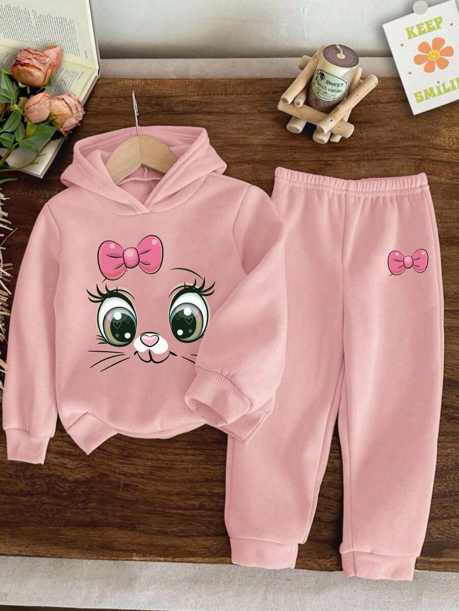 Young Girls Cartoon Print Hooded Warm Sweatshirt And Pants Set - Pink - View 1