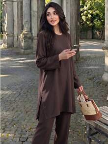 Setelan Dua Potong Wanita Lengan Panjang Polos, Kerah Bulat, Belahan Samping, Tunik, dan Celana Panjang Lebar, Pakaian Kasual Longgar yang Serasi - MultiWarna - View 9