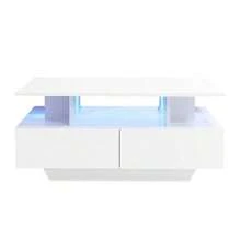 Modernt soffbord med högblank finish, LED-belysning och två lådor: elegant sidobord 90x55x41 cm med förvaringsutrymme, tål upp till 30 kg. - Vitt - Visa 11