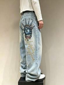 Rends Men's Vintage Streetwear Fashion Style Multi-Purpose Distressed Rivet Design Statue Of Liberty Letter Print Loose Fit Jumpsuit Casual Wear - Light Wash - View 2