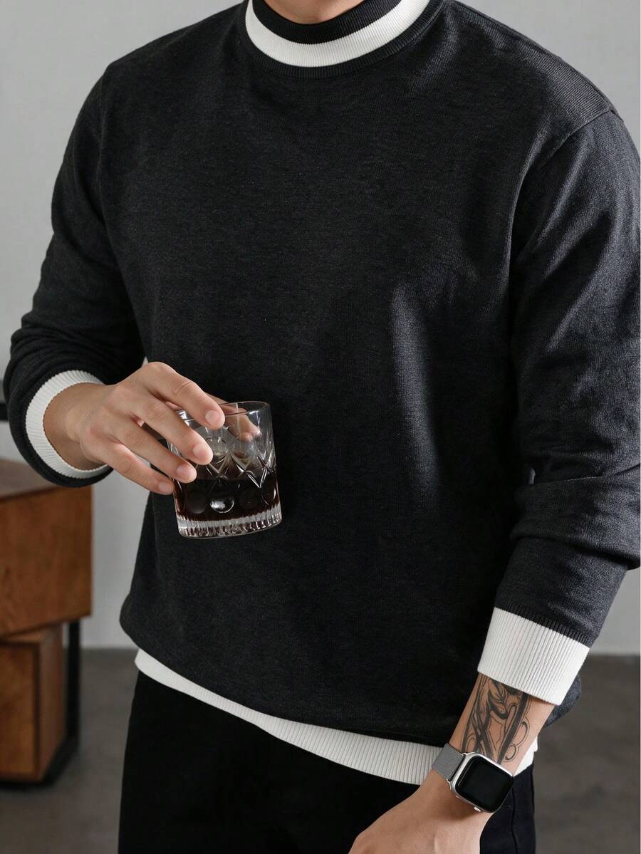Men's Round Neck Contrast Color Ribbed Trim Knit Sweater, Autumn/Winter Long Sleeve Pullover, Mature Style, Commute Casual Inner Layer/Outerwear Top - Dark Grey - View 1