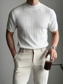 Men's White Ribbed Half-High Neck Short Sleeve Knit Pullover T-Shirt, Textured Slim Fit Casual Commuter Top For Spring, Summer, Autumn - White - View 6