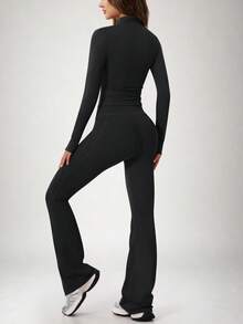 26AW New Arrival - Women's Black Small Stand Collar Zip-Up Jacket + Flared Pants Set, Solid Color Minimalist Elegant Outfit For Daily Commute, Date, Yoga, Pilates, Christmas, New Year - Black - View 6