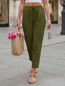 Jisfaneya Women's Solid-Color Drawstring Waist Casual Pants With Pockets - Army Green - View 5