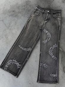 Black & Grey Centipede Embroidered Washed Distressed Denim Jeans, Street Fashion Outfit Piece, Loose Straight Wide Leg Denim Long Pants For Men - Black - View 3