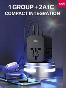 DELI LU5032 Universal Travel Adapter, 2A1C Multi-Port Output, Simultaneously Charges Phones, Tablets, And Bluetooth Headphones, Global Travel Converter - Black - View 1
