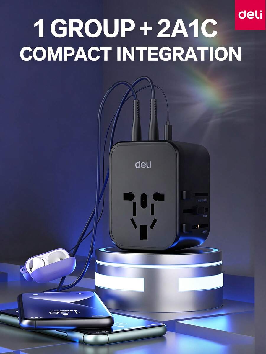 DELI LU5032 Universal Travel Adapter, 2A1C Multi-Port Output, Simultaneously Charges Phones, Tablets, And Bluetooth Headphones, Global Travel Converter - Black - View 1