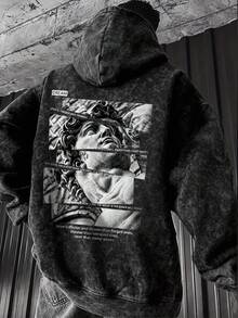Men's Washed Distressed Hoodie With Broken Plaster Portrait English Print, Kangaroo Pocket And Drawstring - Black - View 1