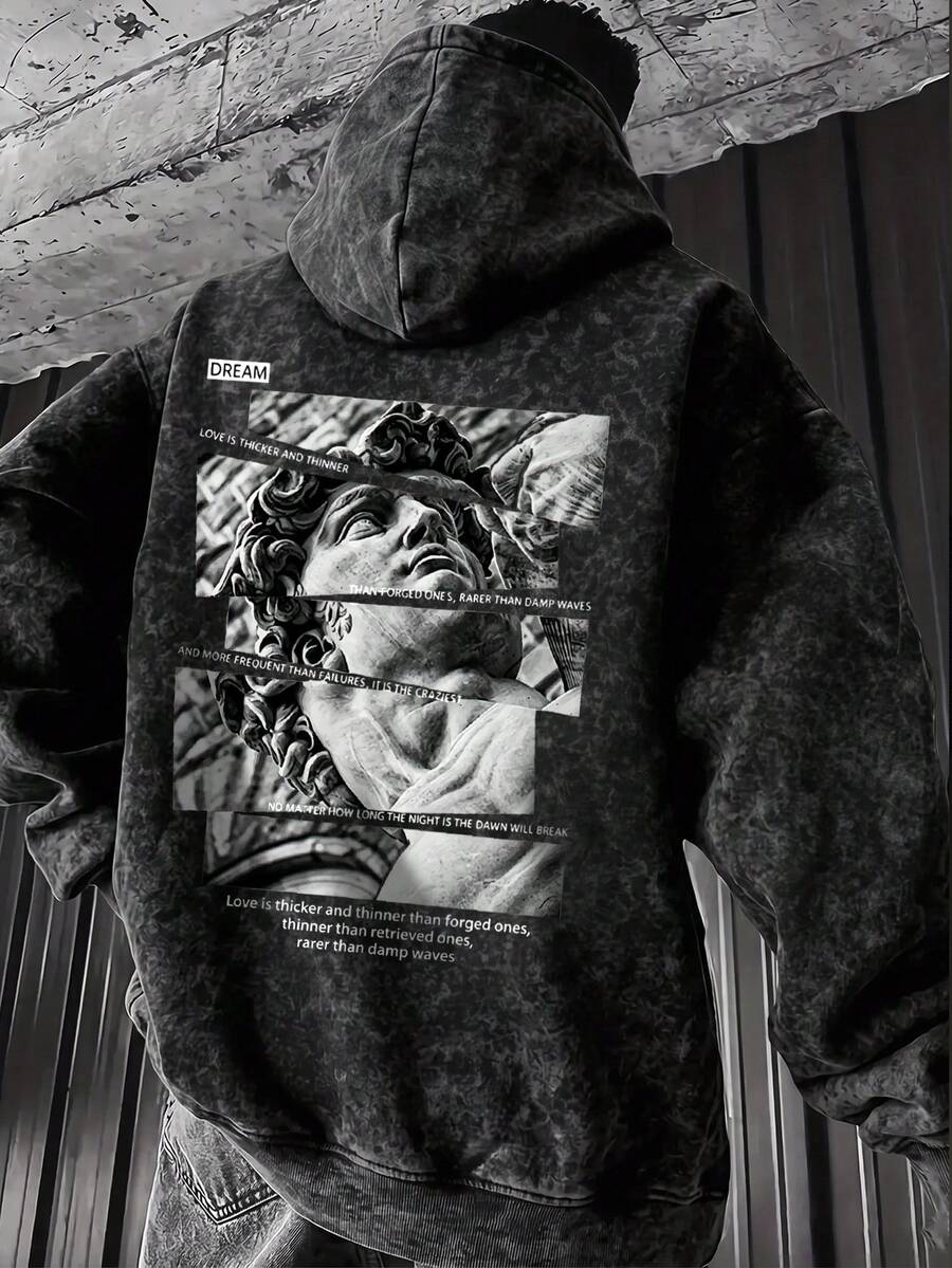 Men's Washed Distressed Hoodie With Broken Plaster Portrait English Print, Kangaroo Pocket And Drawstring - Black - View 1