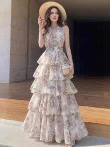 夏季时尚碎花露背派对连衣裙，优雅荷叶边沙滩裙，适合婚礼宾客，粉色鸡尾酒裙 - 粉色 - 查看 1