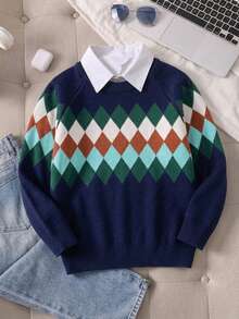 Boys' College Style Contrast Color Plaid Knit Pullover Sweater, Long Sleeve, Suitable For School And Casual Wear, Spring, Autumn, Winter - Navy Blue - View 2