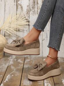 Women's New Bow Velvet Thick Sole Comfortable Height-Increasing Wedge Shoes Beach Home - Khaki - View 2