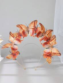 1pc Fairycore Orange Butterfly Floral Flower Crown 3D Monarch Butterfly Headband Woodland Fairy Cosplay Prom Party Hair Props - Coral Orange - View 3