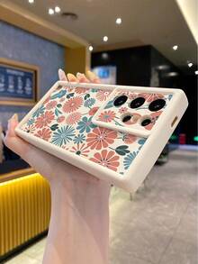 1pc Fashion Pure Android TPU Material Pink-Blue Floral Pattern Lens Protection Thick Anti-Drop Anti-Fingerprint Beige Diamond Sand Phone Case Compatible With Samsung/Transsion/HONOR/ - Beige - View 3