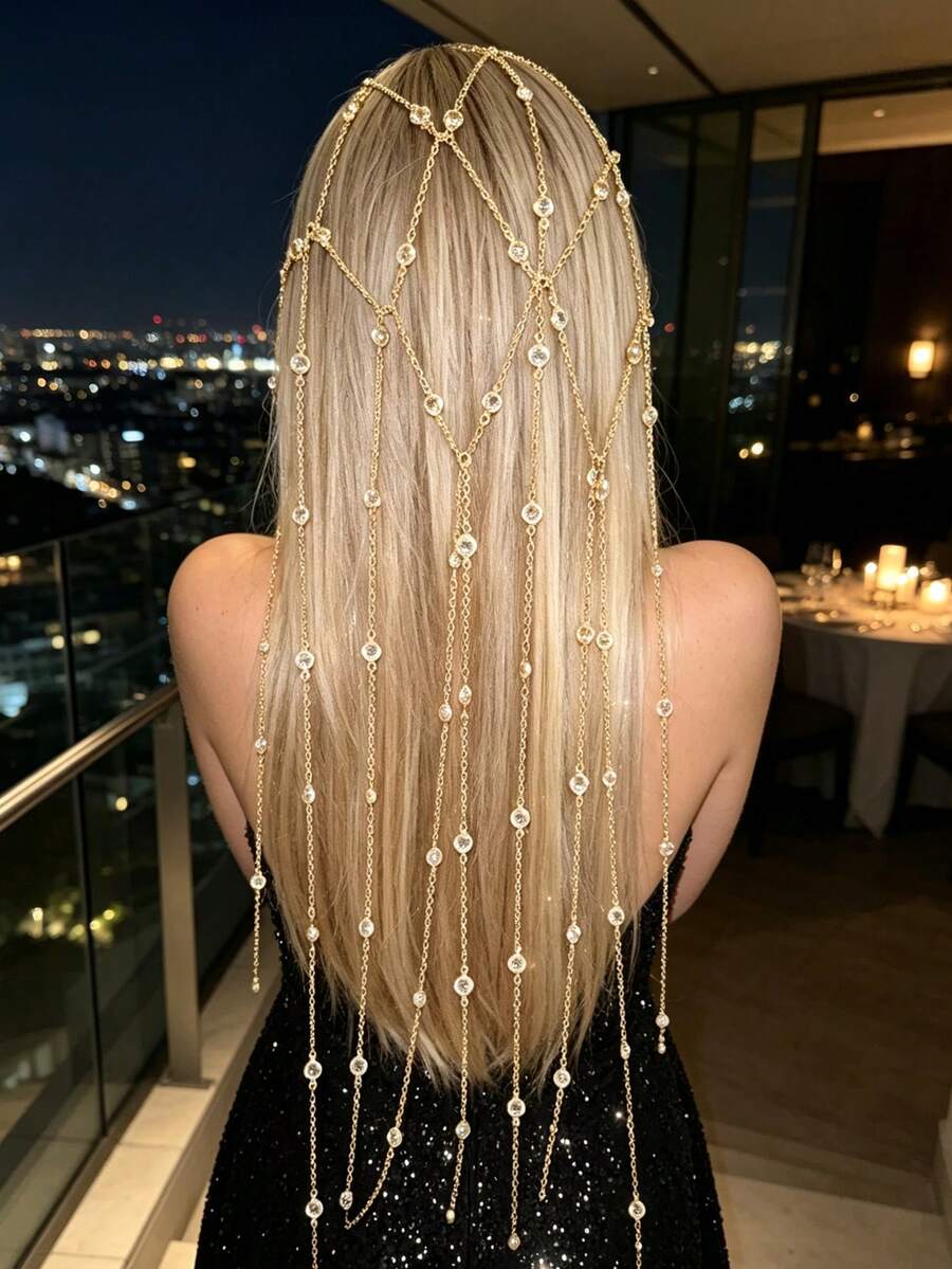 Exquisite Shiny Hollow Mesh Hair Chain Tassel Hair Accessory For Women, Versatile For Banquet And Party - Gold - View 1