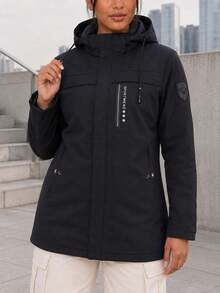 Jaket Wanita Outdoor Lengan Panjang Minimalis dengan Resleting dan Motif Huruf - Hitam - View 3