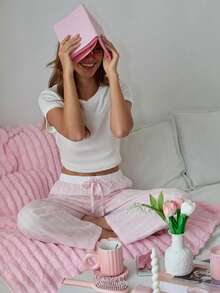 Women's 2-Piece Pajama Set, Knitted Jacquard Short Sleeve Crop Top, Bubble Crepe Striped Drawstring Wide Leg Pants, Soft Loungewear - White - View 1