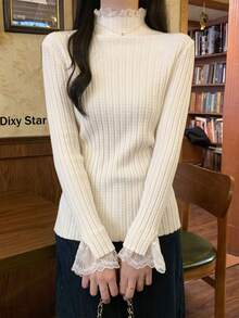 Autumn/Winter Korean Style Elegant Gentle Semi-High Neck Lace 2 In 1 Layering Knit Sweater Tops - White - View 2