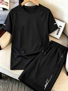Setelan Celana Pendek dan Kaos Lengan Pendek Olahraga Lari dan Kebugaran Pria, Hitam, Musim Panas - Hitam - View 4