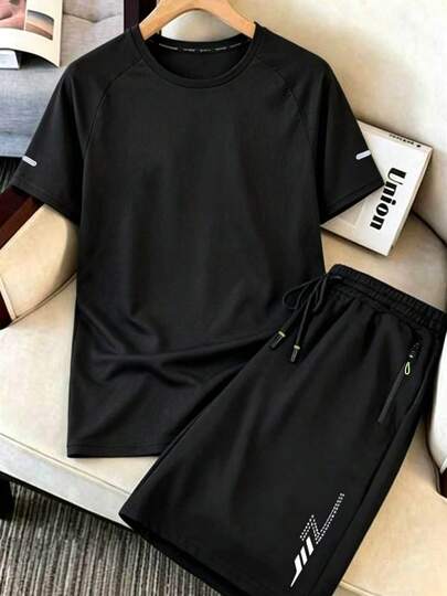 Conjunto de pantalones cortos y camiseta de manga corta para deportes, fitness, running y entrenamiento para hombres, color negro, verano