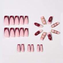 24 Pcs 3D Stereoscopic Gel Nails, Can Create Flower Nail Art, Decorated With Imitation Pearls, Square French Tips, Rectangular Perfect Fit Acrylic False Nail Set - Multicolor - View 7