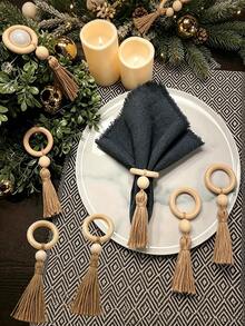 1-24pcs Wooden Tassel Napkin Rings, Bohemian Rustic Style Napkin Holders, Daily Table Decor, Suitable For Christmas Holidays, Thanksgiving Feast, New Year Celebration, Wedding Reception, Dinner Party Table Setting, Holiday Home Kitchen Decoration - Multicolor - View 1