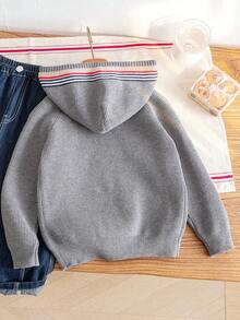 Boys Casual Hooded Zip-Up Long Sleeve Knit Cardigan Sweater With Contrast Color Ribbed Ribbed Texture, Simple Versatile Style For Daily Casual School Wear, Spring Autumn Winter - Grey - View 8