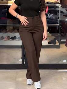 Women's Brown Polyester Elegant Straight Leg Pants With Pockets And Button Zipper Closure, Suitable For Autumn - Coffee Brown - View 8