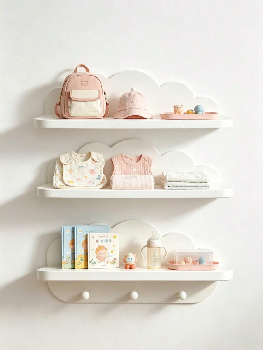 1/2/3pcs Cloud-Shaped Baby Room Wall Shelf, Floating Storage Rack With Hooks, Baby Room Decor Organizer, Suitable For Baby Accessories And Supplies - Multicolor - View 1