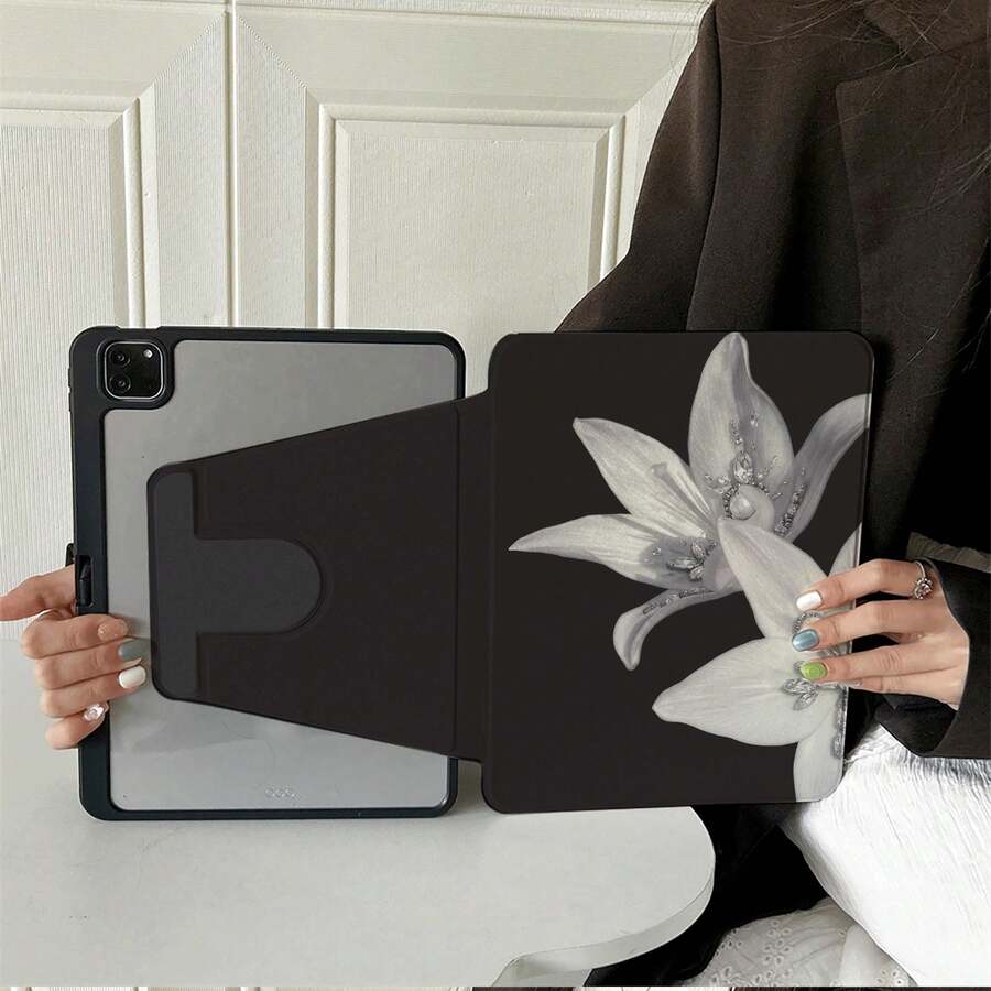 1件裝優雅黑色背景白色水鑽百合花360°可旋轉平板保護殼，相容 iPad Air 6/5/4 與 10 (10.9 吋)、iPad Pro 2024、Air M3/A16 2025、 Galaxy Tab S9 FE/S8 Plus/S7/S10、OPPO Pad、 MatePad、Vivo Pad、Honor Pad、Xiaoxin Pad