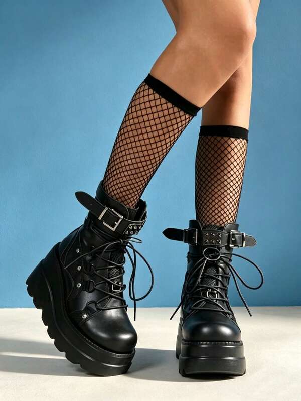 Women's New Dark Punk Thick Sole Boots, Outdoor Fashion Comfortable Non-Slip Round Toe Zipper Punk Style Sexy Wedge Heel Mid-Calf Boots, Comfortable Sole Not Tiring For Daily Wear, Holiday And Party Outfits