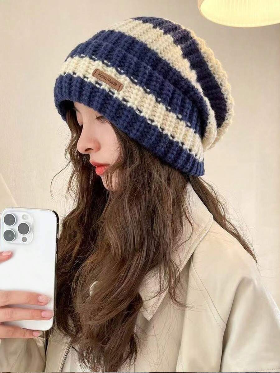 Women's Knitted Beanie Hat, Autumn/Winter, Versatile, Drawstring, Pullover, Slouchy, Ear-Protective, Japanese Style, Large Head Circumference - Multiple Styles - View 1