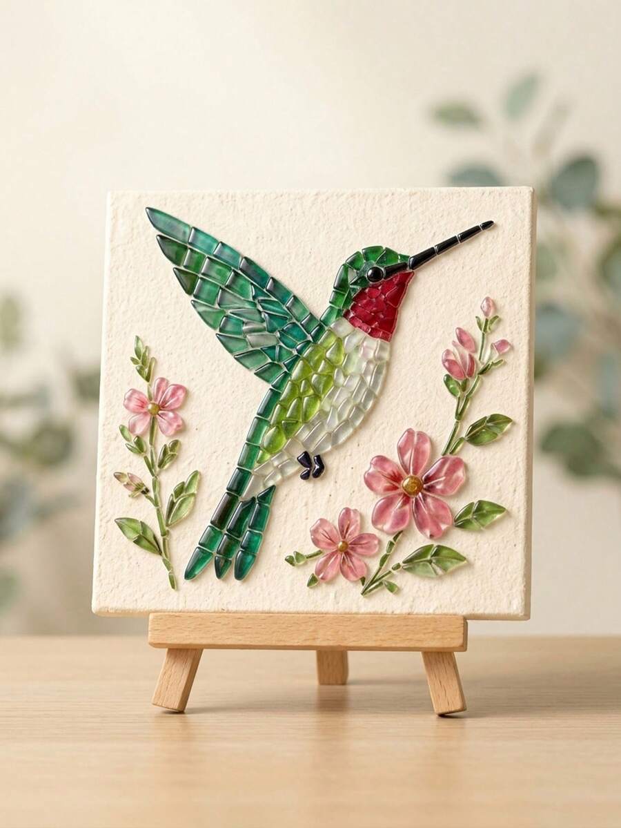 1pc DIY Sea Glass Mosaic Art Kit, Includes Hummingbird, Bee And Other Artistic Patterns, Contains Colored Glass Pieces, Display Stand And Other Tools, Can Make Handmade Holiday Wall Decor, Ideal Gift Choice - Multiple Styles - View 1