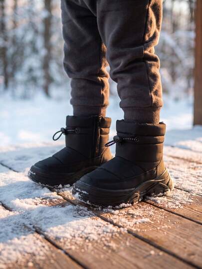 1 Pair Unisex Kids Black Classic Minimalist High-Top Fleece Lined Warm Snow Boots, Drawstring Design, Soft Sole Comfortable Casual Children's Boots Suitable For Winter