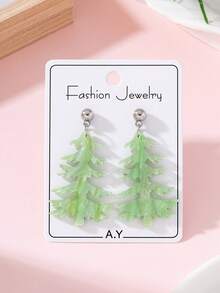 1 par de pendientes de moda para mujer con diseño asimétrico brillante de árbol de Navidad, adecuados para uso diario y combinación con fiestas - verde menta - Ver 2