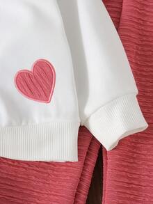 2pcs Baby Girl Sweet Casual Pink Heart Embroidered Sweatshirt & Wide Leg Pants Set, Thin Spring/Autumn - Watermelon Pink - View 5