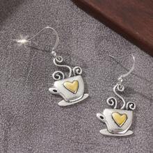 Cute Coffee Cup Pendant Earrings, Vintage Elegant Long Design, Charming Heart Earrings - Silver - View 4