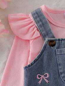 Baby Girl Soft & Cute 3-Piece Set, Pink Ribbed Ruffle Flutter Sleeve Long Sleeve Inner Top + Embroidered Bow Light Wash Denim Overall Pants + Pink Bow Headband, Sweet Spring/Autumn Outfit For Infants And Toddlers - Pink - View 10