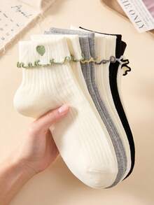 5 pares de calcetines cortos/calcetines de tobillo para mujer con lindo patrón de corazón bordado, suaves y transpirables con ribete de volantes, adecuados para todas las estaciones, colores aleatorios - Multicolor - Ver 5