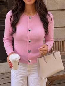 Sweater Pullover Rajut Lengan Panjang Leher Bulat Warna Pink untuk Wanita, Potongan Reguler - Berwarna merah muda - View 2