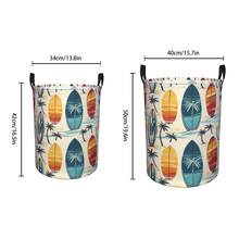 1pc Vintage Surfboard & Palm Tree Print Collapsible Laundry Basket With Handle, Tropical Beach Style Dirty Clothes Storage Bin, Suitable For Bedroom, Bathroom And Summer Home Decor - Multicolor - View 2