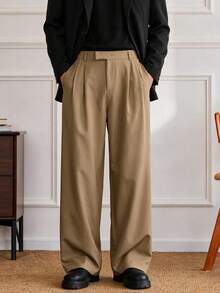 Men's Minimalist Design Casual Drape Wide Leg Waist Hidden Button Versatile Suit Pants - Mocha Brown - View 1