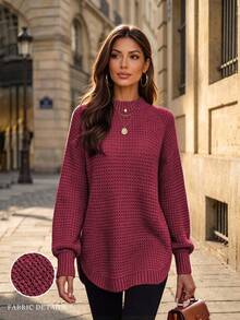 Women's Basic Loose Thick Waffle Knit Solid Color Long Sweater, Curved Hem, Casual Crew Neck Pullover Long Sleeve Sweater Top, Anchor Red Fall - Burgundy - View 2